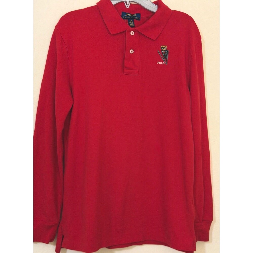 Polo Ralph Lauren Boys L 14-16 Red Long Sleeve Polo Bear Golf Shirt Cotton